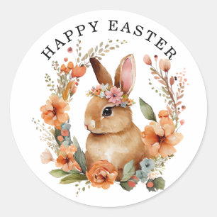 Sticker Rond Lapin Lapin Floral Wreath Pâques