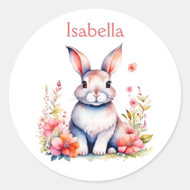 Sticker Rond Lapin lapin personnalisé en Fleurs roses (Devant)