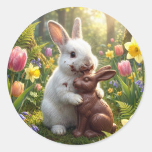 Sticker Rond Lapin léchant un lapin de Pâques en chocolat