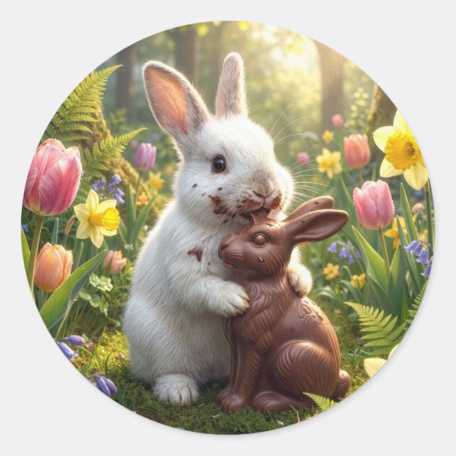 Sticker Rond Lapin léchant un lapin de Pâques en chocolat (Devant)