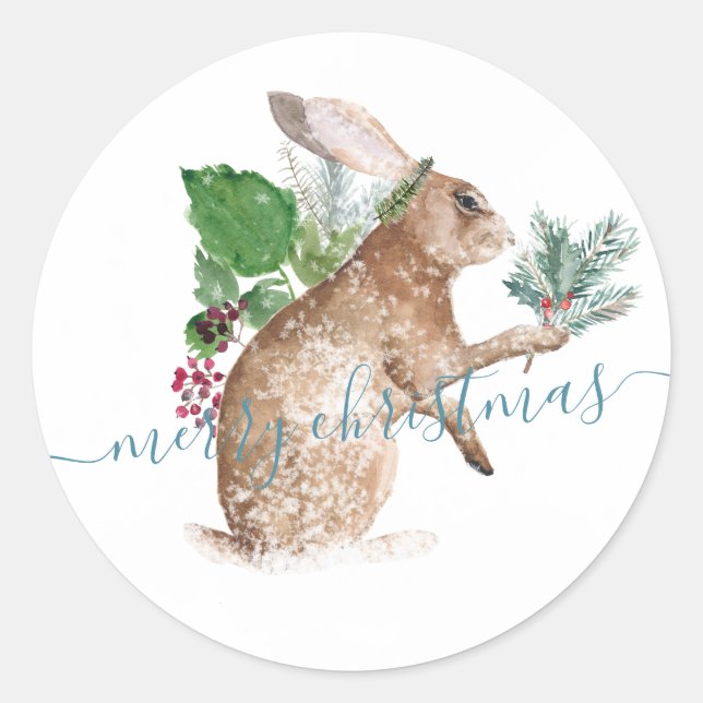 Sticker Rond Lapin Lièvre Habillé Pour Noël (Devant)