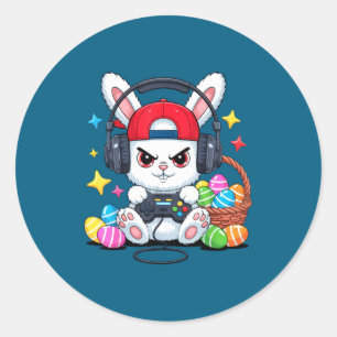 Sticker Rond Lapin mignon avec écouteurs jeu de Pâques