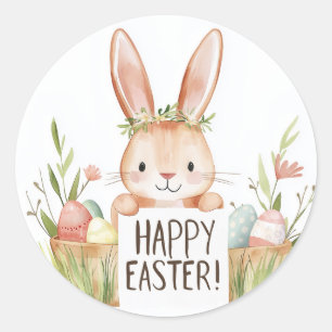 Sticker Rond lapin mignon avec fleurs et oeufs