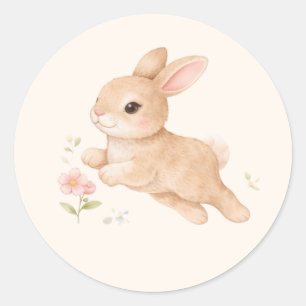 Sticker Rond Lapin Mignon Bébé Aquarelle Fleurs Roses