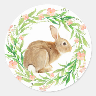 Sticker Rond Lapin mignon dans la couronne de fleurs