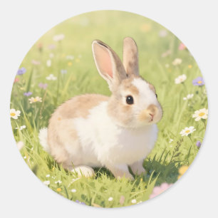 Sticker Rond Lapin mignon et duveteux dans une prairie de fleur