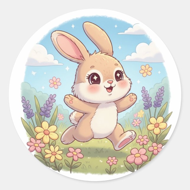 Sticker Rond Lapin Mignon sautant dans un Champ de Fleurs (Devant)