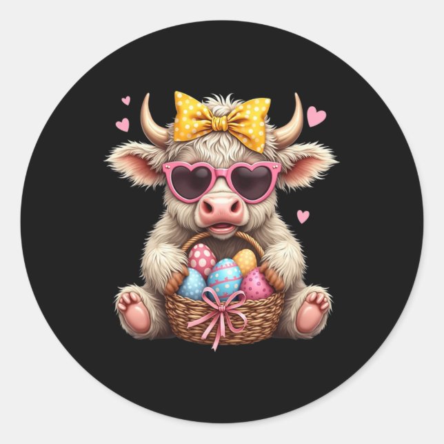 Sticker Rond Lapin Mignon Vache Rétro Fermier Occidental Pâques (Devant)