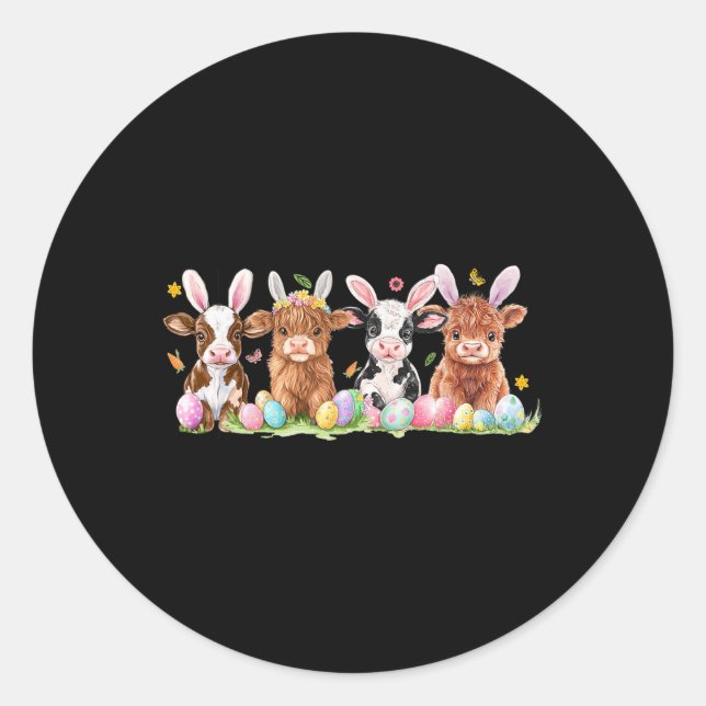 Sticker Rond Lapin Mignon Vache Rétro Fermier Occidental Pâques (Devant)