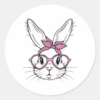 Sticker Rond Lapin Mignon Visage De Lapin Avec Byndana Cœur Gle