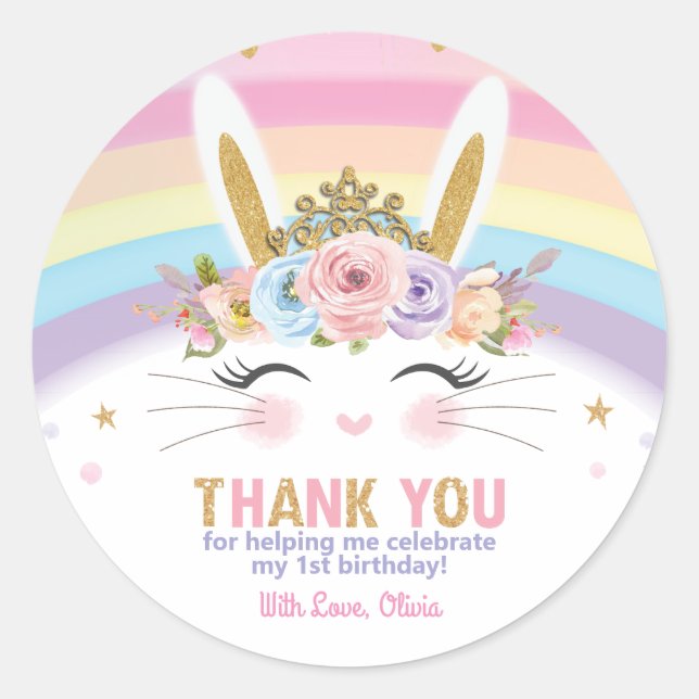 Sticker Rond Lapin Mignonne Lapin Anniversaire Merci Favoriser (Devant)