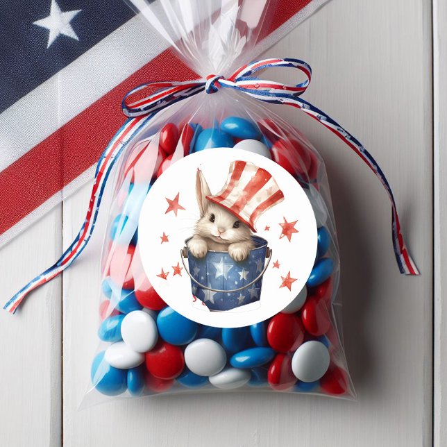 Sticker Rond Lapin Patriotique Lapin Rouge Blanc Délimité Haut  (Cute patriotic bunny rabbit sticker)