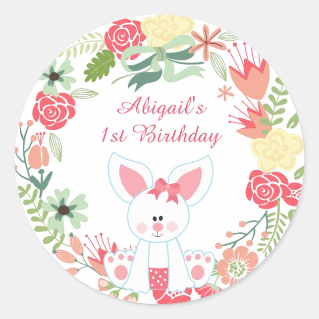 Sticker Rond Lapin personnalisé et couronne de fleurs 1er anniv (Devant)