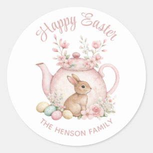 Sticker Rond Lapin personnalisé et théière florale rose Joyeuse