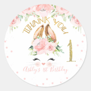 Sticker Rond Lapin rose Floral Face Merci 1er anniversaire