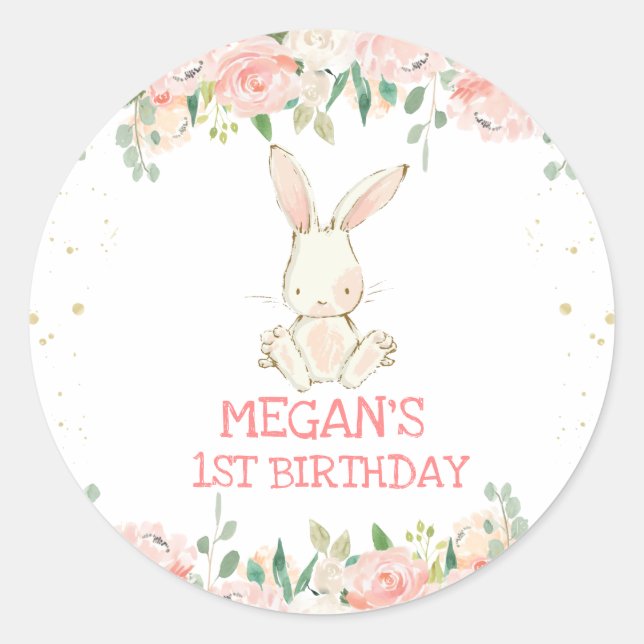 Sticker Rond Lapin Rose Floral Lapin Fête Anniversaire (Devant)