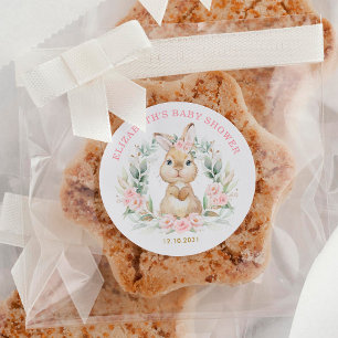 Sticker Rond Lapin Rose Floral Lapin Fille Baby shower Faveurs