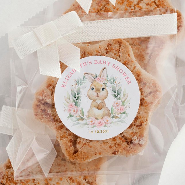 Sticker Rond Lapin Rose Floral Lapin Fille Baby shower Faveurs (Créateur téléchargé)