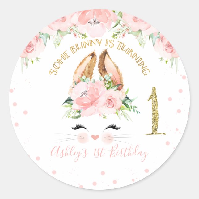Sticker Rond Lapin rose Floral Visage 1er Anniversaire (Devant)