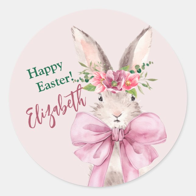 Sticker Rond lapin rose moderne Joyeux lapin de Pâques (Devant)