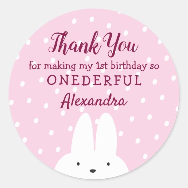 Sticker Rond Lapin Rose Onederland 1er Anniversaire (Devant)