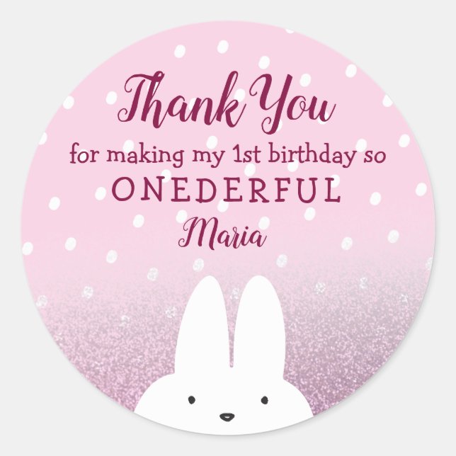 Sticker Rond Lapin rose pailleté Onederland 1er (Devant)