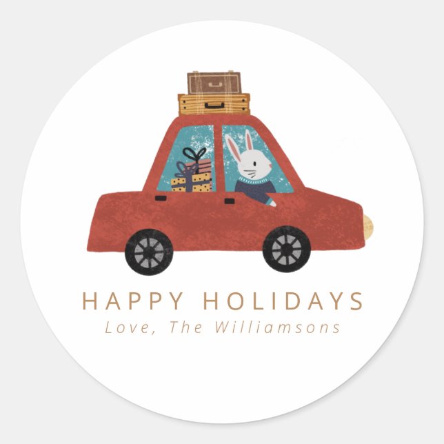 Sticker Rond Lapin Voiture De Noël Personnalisé Joyeux Vacances (Devant)