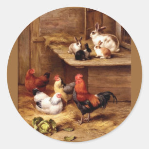 Sticker Rond Lapins d'animaux de ferme de poules de coq de