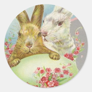 Sticker Rond Lapins de Pâques vintage avec carte de Pâques d'œu