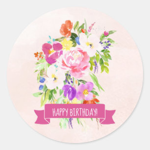 Sticker Rond L'Aquarelle Rustique rose Floral Joyeux Anniversai