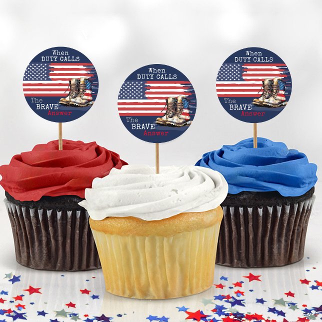 Sticker Rond L'armée tire le drapeau américain BLUE en train de (Navy blue patriotic US flag boots duty calls brave military going away party cupcake pick stickers)