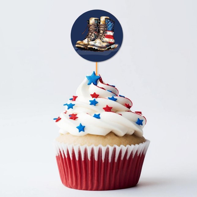 Sticker Rond L'armée tire le drapeau américain BLUE en train de (Navy blue patriotic watercolor US flag combat boots military going away party cupcake pick stickers)