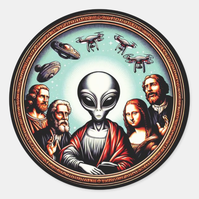 Sticker Rond L'art classique rencontre l'Humour Alien Funny Sci (Devant)