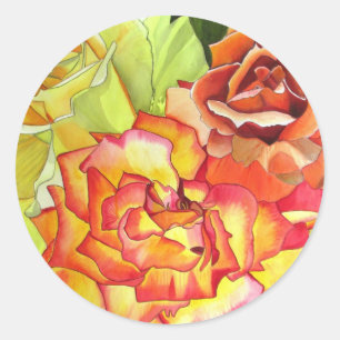Sticker Rond L'art de l'aquarelle aux roses orange et jaune