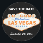 Sticker Rond Las Vegas signe mariage orange Enregistrer la date<br><div class="desc">Las Vegas signe orange et noir de destination mariage Save the Date sticker soulignant le célèbre néon signe et le texte "Welcome to Fabulous Las Vegas,  Nevada". Certaines parties sont gracieusement fournies par anasofiapaixao.</div>