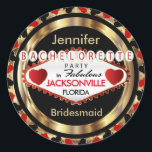 Sticker Rond Las Vegas Style Bachelorette Party - Rouge<br><div class="desc">Stickers / Sceau. Chiffre de poker style Las Vegas Bachelorette Party thème design dans un rouge et or prêt pour vous à personnaliser. Peut également être ajouté au dos de vos enveloppes, des sacs de traitement, etc... VEUILLEZ LIRE ! ! Remarque : Toutes les zones de modèle n'ont pas besoin...</div>