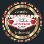 Sticker Rond Las Vegas Style Bachelorette Party - Rouge<br><div class="desc">Stickers / Sceau. Chiffre de poker style Las Vegas Bachelorette Party thème design dans un rouge et or prêt pour vous à personnaliser. Peut également être ajouté au dos de vos enveloppes, des sacs de traitement, etc... VEUILLEZ LIRE ! ! Remarque : Toutes les zones de modèle n'ont pas besoin...</div>