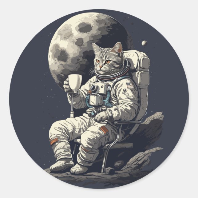 Sticker Rond L'astronaute Chat ayant une coupe de café (Devant)