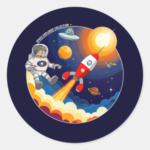 Sticker Rond L'astronaute et le missile rouge dans l'espace.
