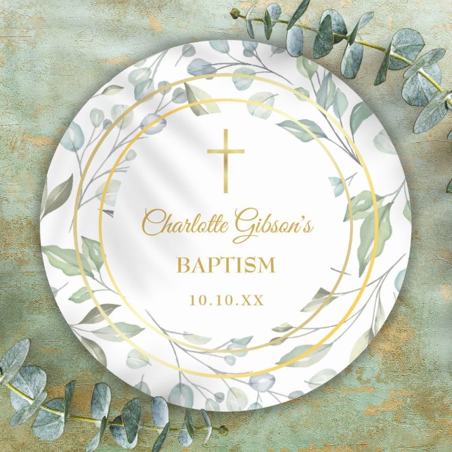 Sticker Rond Laurel Garland Faux Gold Foil Baptême Christening (Laurel Garland Faux Gold Foil Baptism Christening Classic Round Sticker)