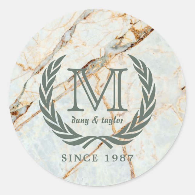 Sticker Rond Laurel Leaf Classic Monogramme Belle Marbre (Devant)