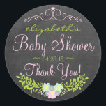 Sticker Rond Laurel sur Chalkboard Look rose et vert<br><div class="desc">Ce beau baby shower à l'allure de pays chic, merci autocollant montre un rose, bleu pays et vert floral, fleurit de laurier, sur un tableau de marchettes look arrière - plan - avec le nom de la future mère, date du baby shower et merci. Un joli ornement tourbillon rose surplombe...</div>