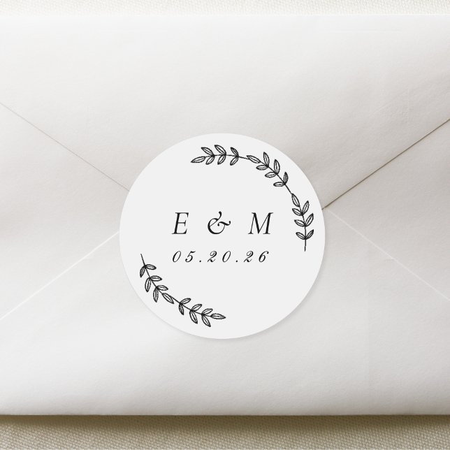Sticker Rond Laurel Wreath Mariage Monogramme (Créateur téléchargé)