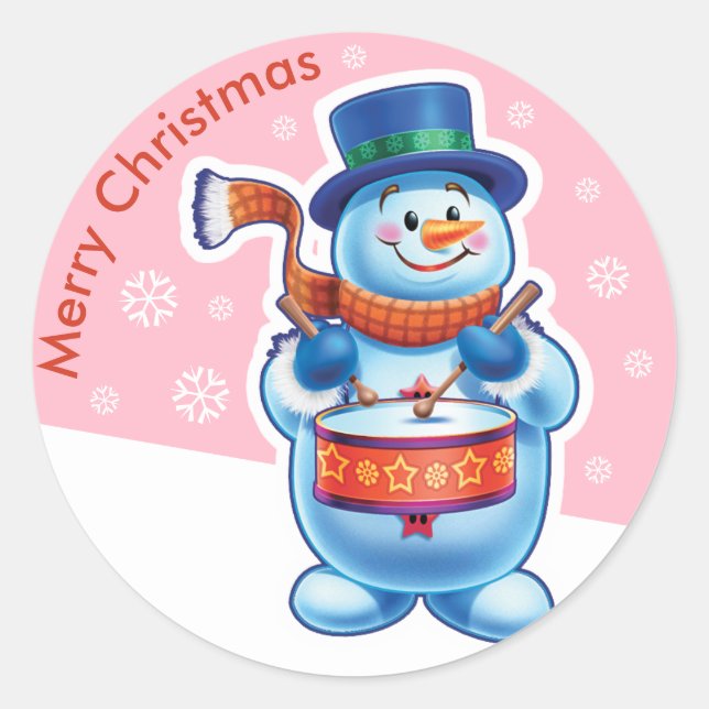 Sticker Rond L'autocollant rose de Noël Snowman batteur. (Devant)