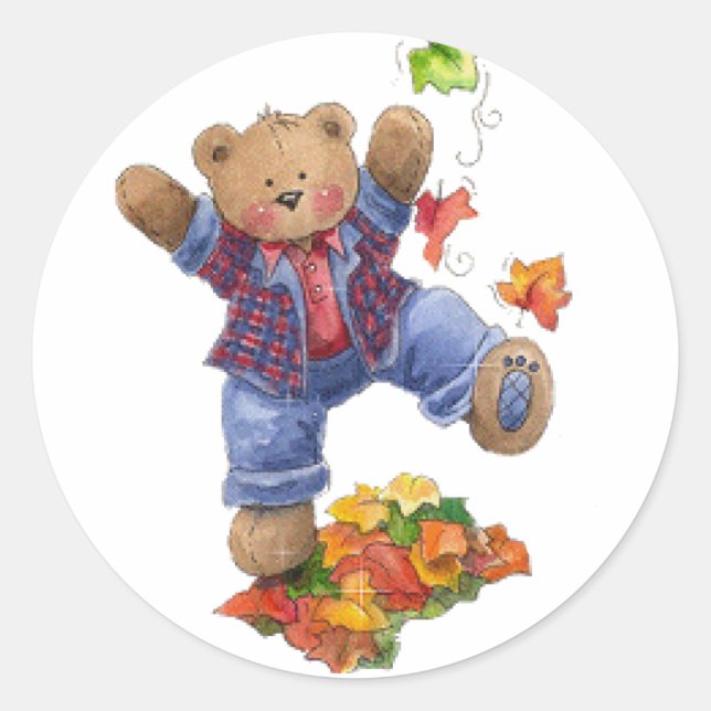 Sticker Rond L'automne est amusant ours (Devant)
