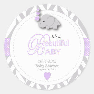 Sticker Rond Lavande, Baby shower d'éléphant gris blanc