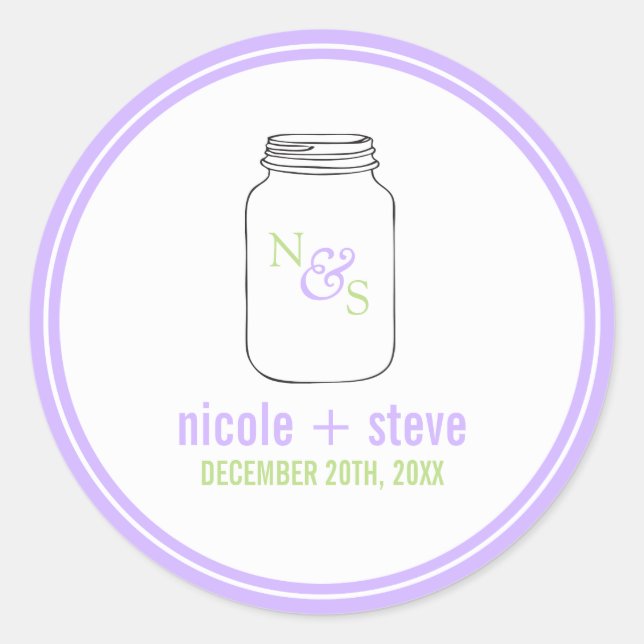 Sticker Rond Lavande et Mason vert Jar Mariage monogramme (Devant)