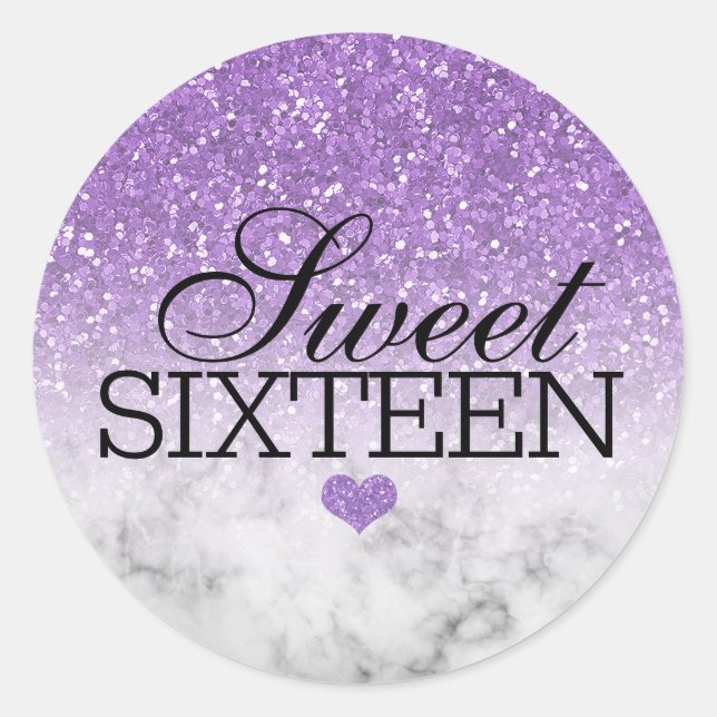 Sticker Rond Lavande Faux Parties scintillant/Marbre Sweet 16 (Devant)