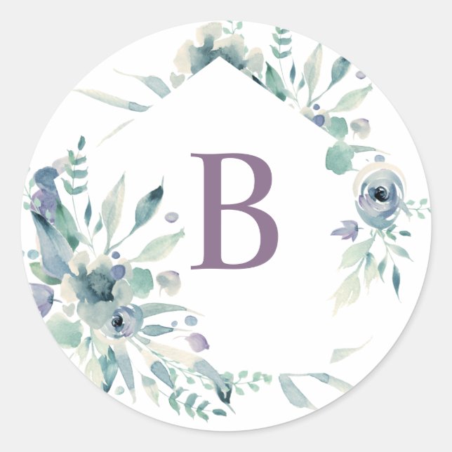 Sticker Rond Lavande Florale Aquarelle Monogramme de couronne (Devant)