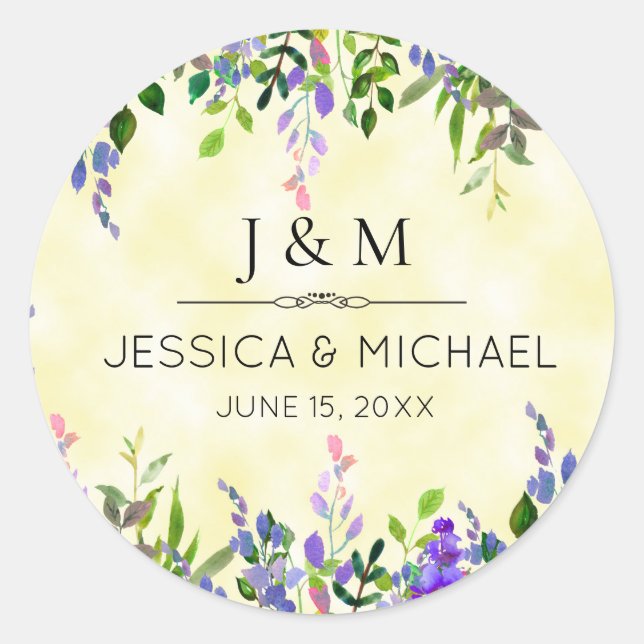 Sticker Rond Lavande Florale Jaune Mariage Merci Monogramme (Devant)